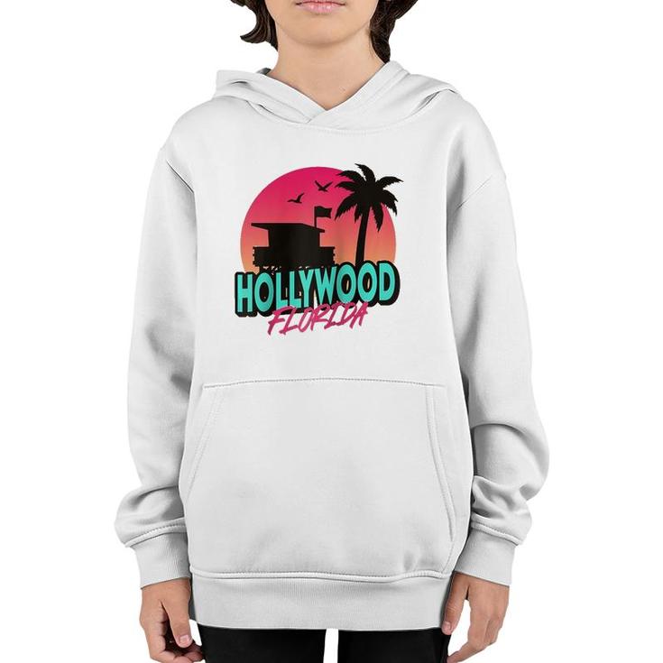 Vintage Hollywood Florida Beach Palm Trees Fl Distressed  Youth Hoodie
