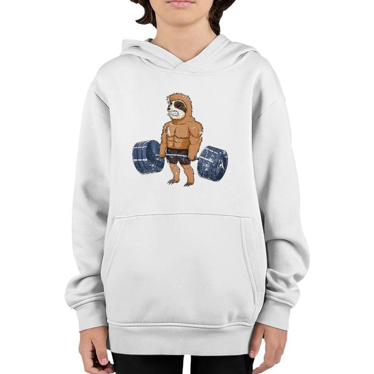 Vintage Sloth Weightlifting Bodybuilder Muscle Fitness Youth Hoodie