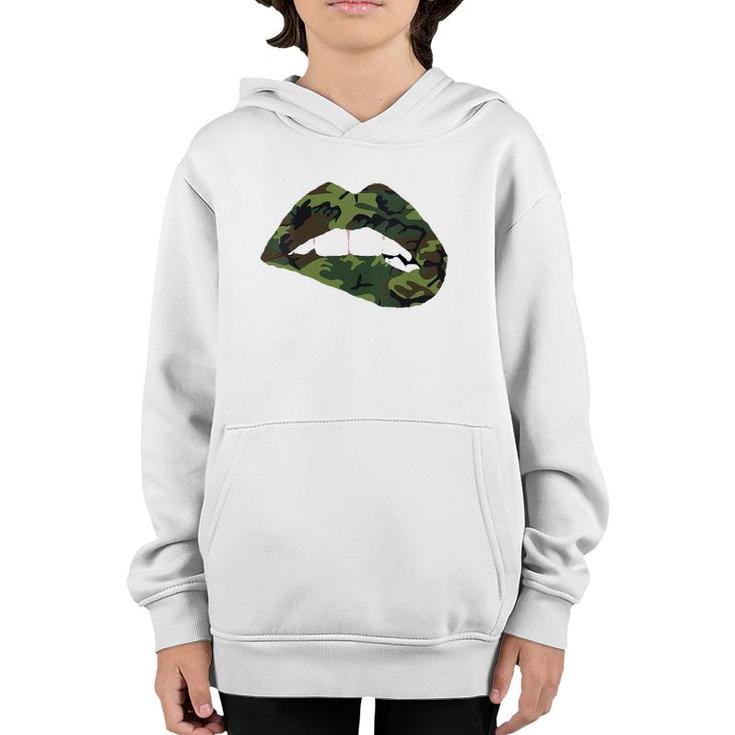 Womens Camouflage Lips Mouth Military Kiss Me Biting Camo Kissing V-Neck Youth Hoodie
