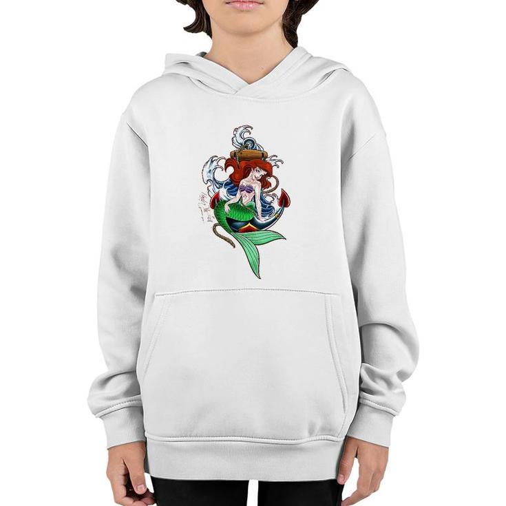 Womens Little Mermaid Under The Sea Tattoo Style Portrait V-Neck Youth Hoodie