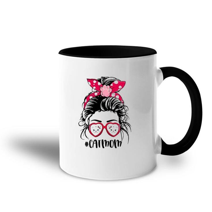Cat Mom For Cat Faces Lovers Paw Print Heart Sunglasses Mother's Day Messy Bun Hair Polka Dots Bandana Accent Mug