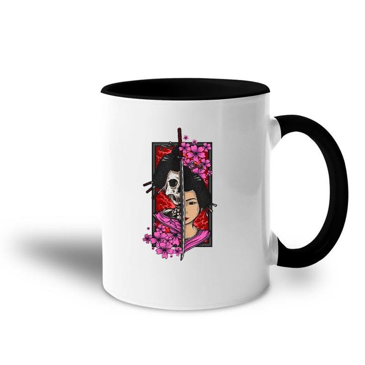 Geisha With Katana And Sakura Cherry Blossom Samurai T-Shirt | Mazezy