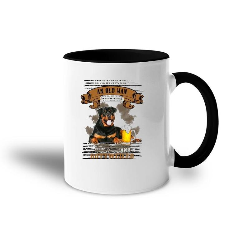 Happiness Is Old Man With Beer And A Rottweiler Sitting Near Accent Mug