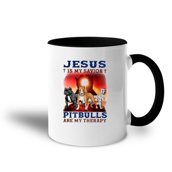 Jesus Is My Savior Pitbulls Are My Therapy Cross Accent Mug