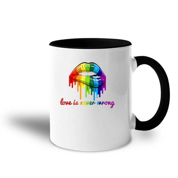 Love Is Never Wrong Lgbt Quote Gay Pride Rainbow Lips Gift Raglan Baseball Tee Accent Mug