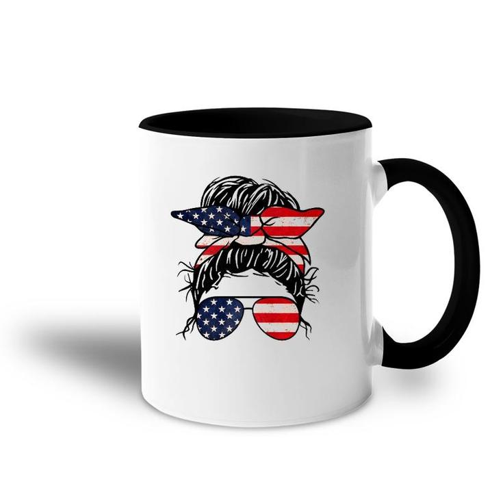 Messy Bun Usa Flag Glasses 4Th Of July Patriotic  Accent Mug