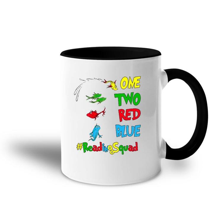 Reading Teacher Squad One Two Red Blue Fish Accent Mug