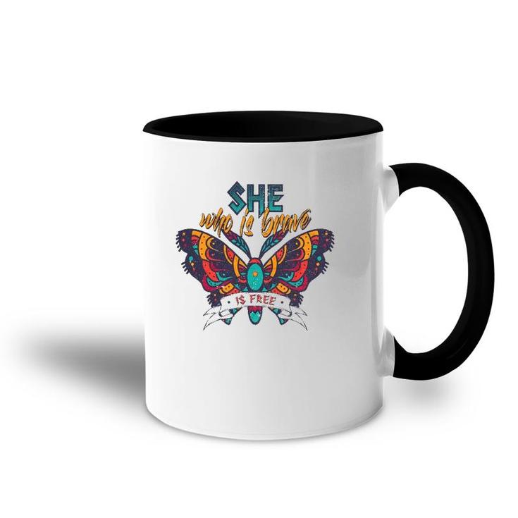 She Who Is Brave Is Free Funny Vintage Butterfly Color Accent Mug