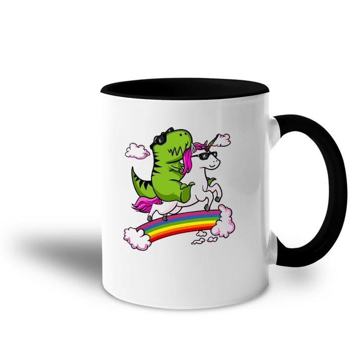 T-Rex Dinosaur Riding Unicorn Funny Rainbow Accent Mug