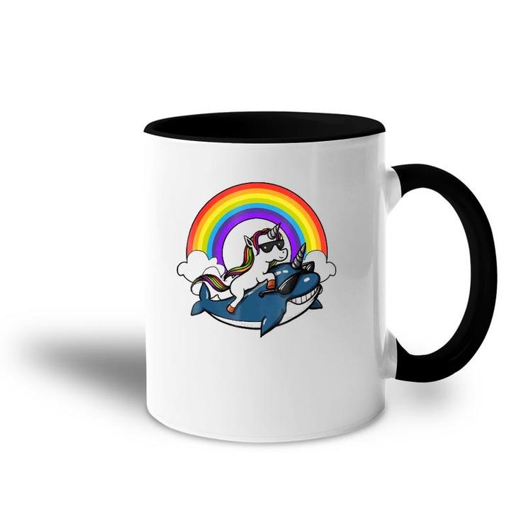 Unicorn Riding Narwhal Fish Magical Rainbow Accent Mug