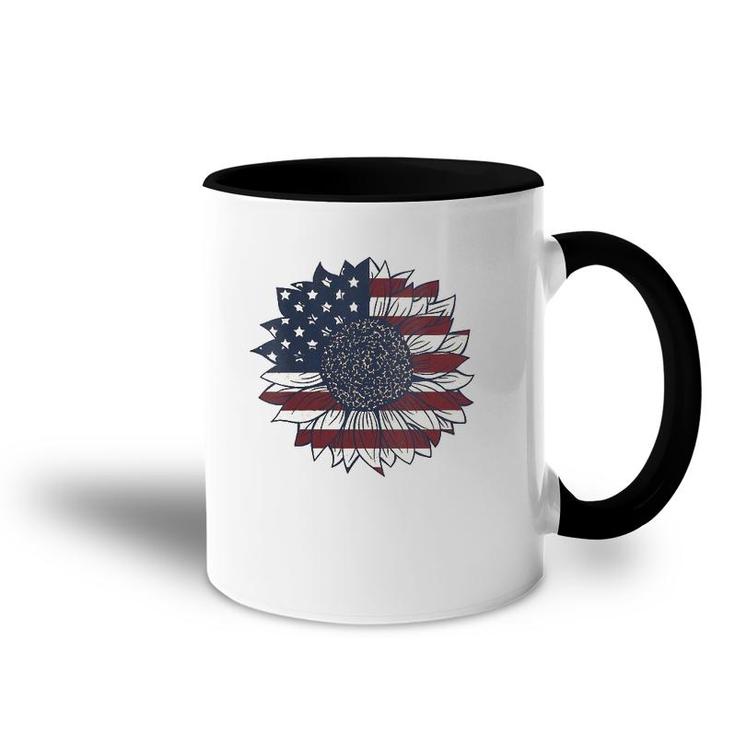 Vintage 4Th Of July Patriotic American Flag Sunflower V-Neck Accent Mug