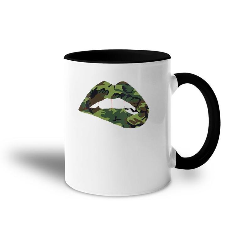 Womens Camouflage Lips Mouth Military Kiss Me Biting Camo Kissing V-Neck Accent Mug