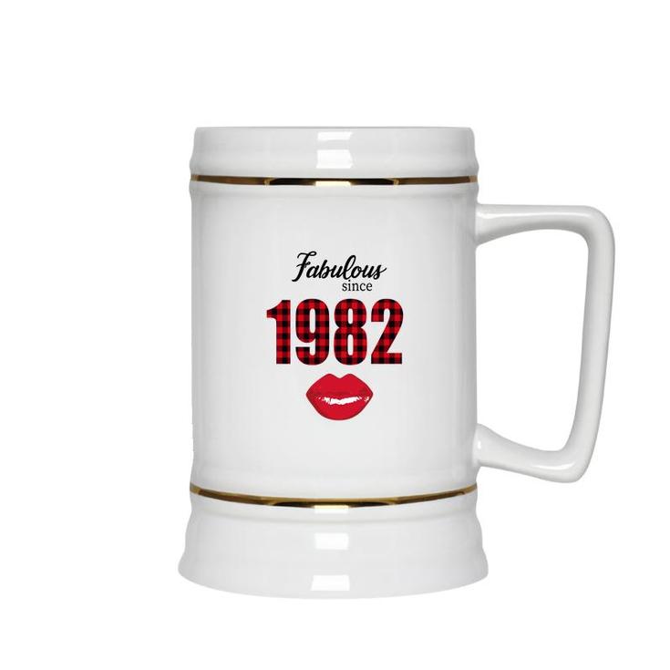 Fabulous Since 1982 Black Red Plaid Lips Happy 40Th Birthday Ceramic Beer Stein