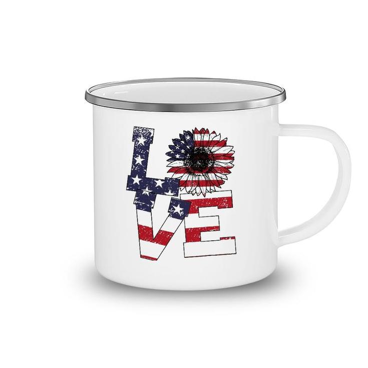 4Th Of July Love Sunflower Patriotic American Flag Camping Mug