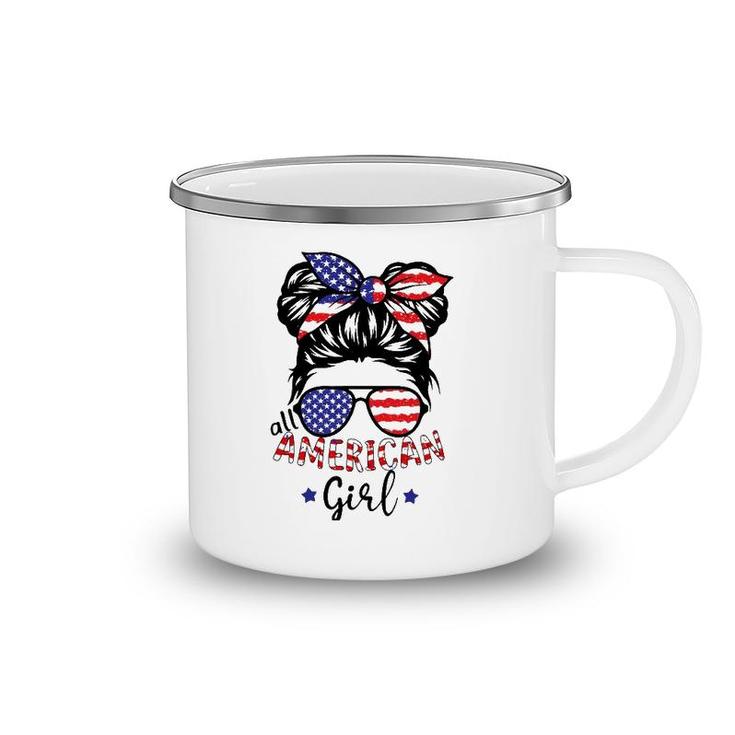 All American Girls 4Th Of July  Daughter Messy Bun Usa Camping Mug