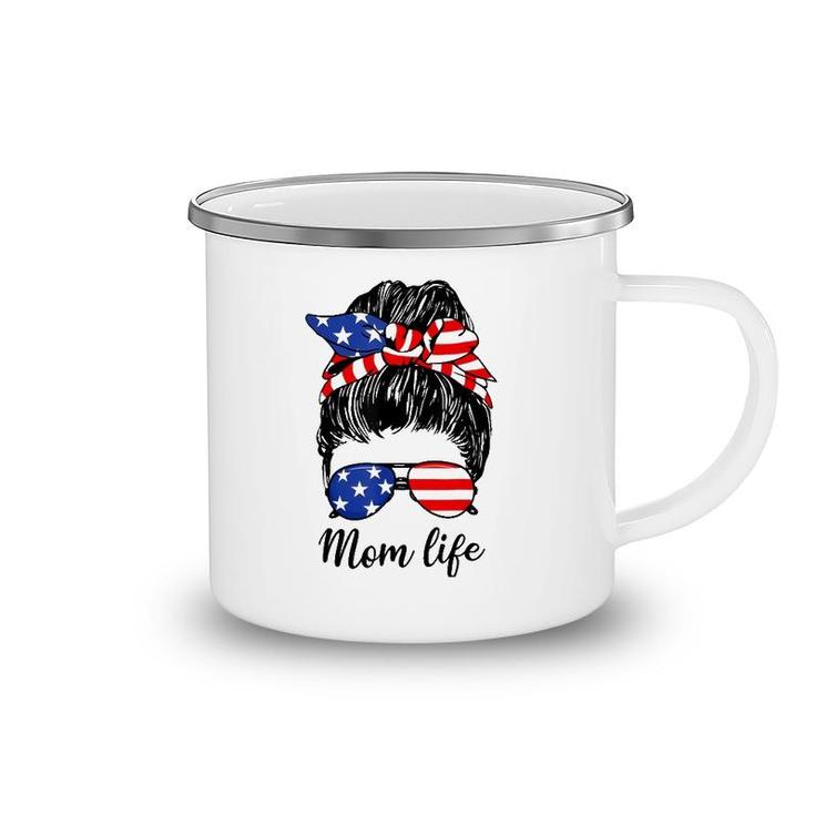 American Flag 4Th Of July Mom Life Messy Bun Mother's Day Camping Mug