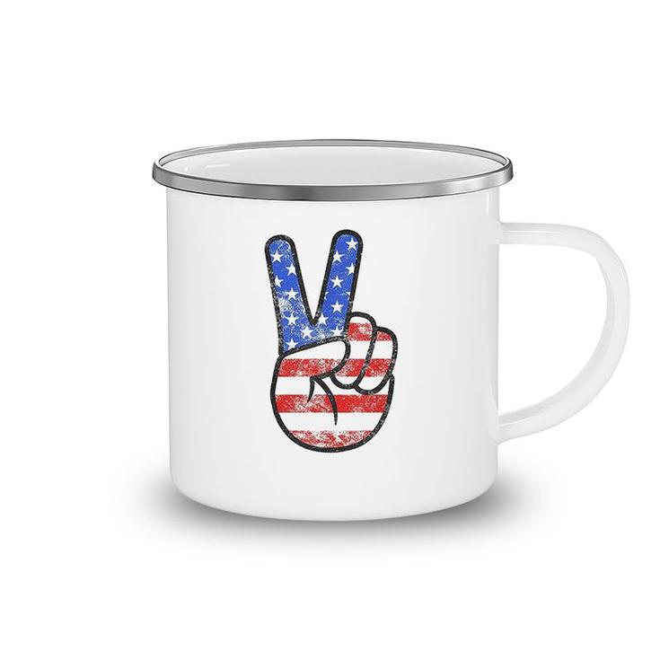 American Flag Peace Sign Hand Camping Mug
