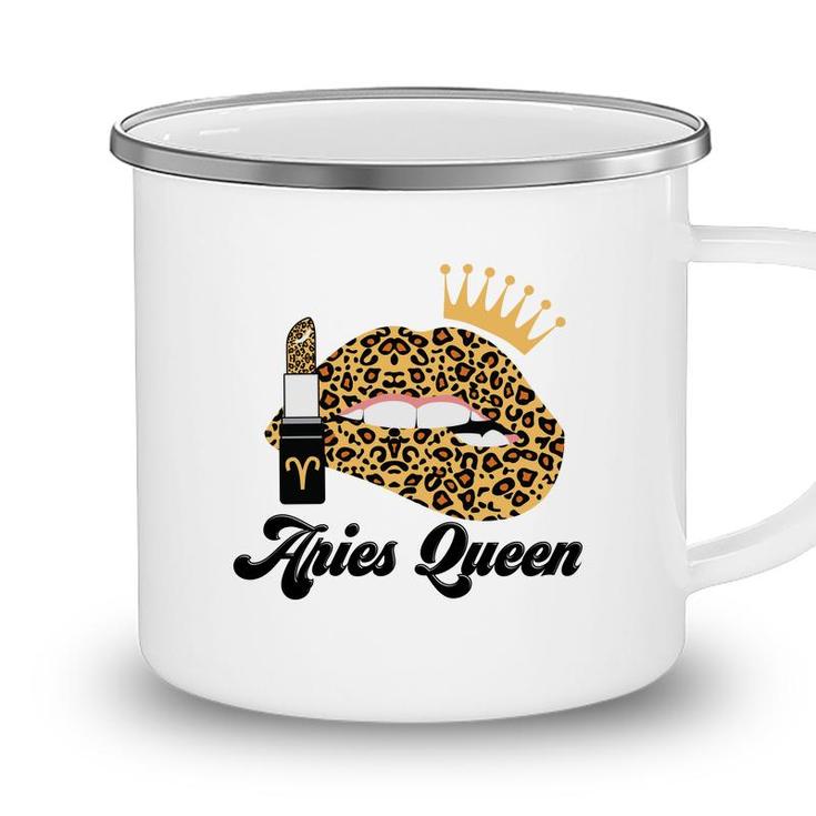 Aries Queen Aries Girls Yellow Lipstick Leopard Birthday Gift Camping Mug