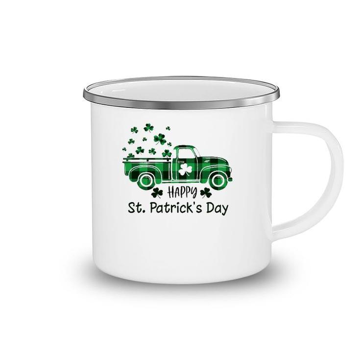 Buffalo Plaid Shamrock Vintage Truck Happy St Patrick's Day Camping Mug