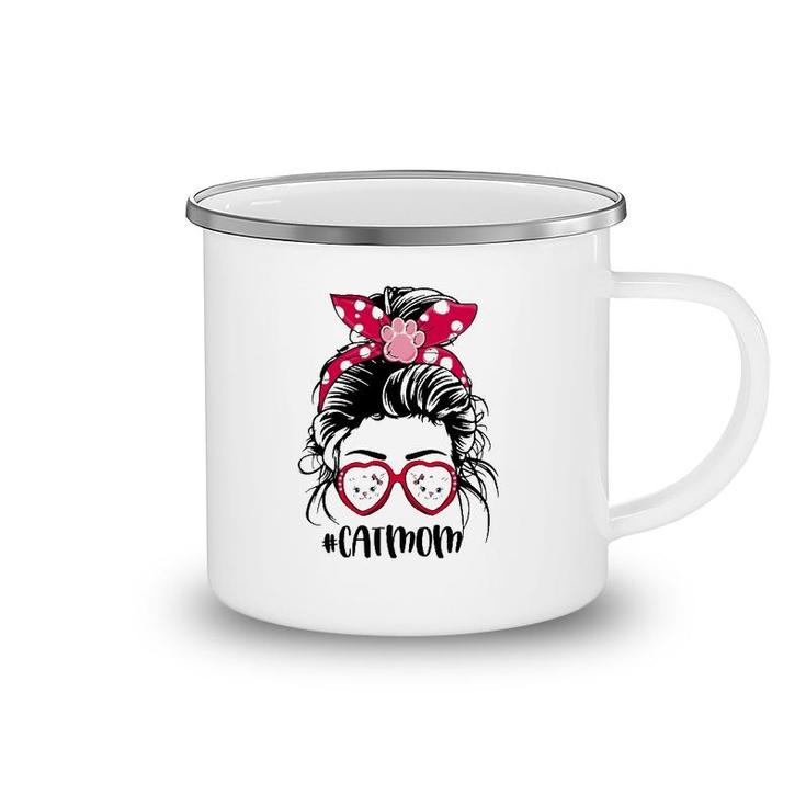 Cat Mom For Cat Faces Lovers Paw Print Heart Sunglasses Mother's Day Messy Bun Hair Polka Dots Bandana Camping Mug Cat Mom For Cat Faces Lovers Paw Print Heart Sunglasses Mother's Day Messy Bun Hair Polka Dots Bandana Camping Mug