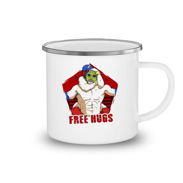 Free Hugs Funny Wrestling For Wrestling Fanatics Camping Mug