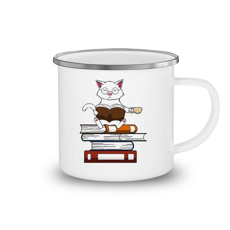 Funny Cat Kitty Reading Books Coffee Camping Mug