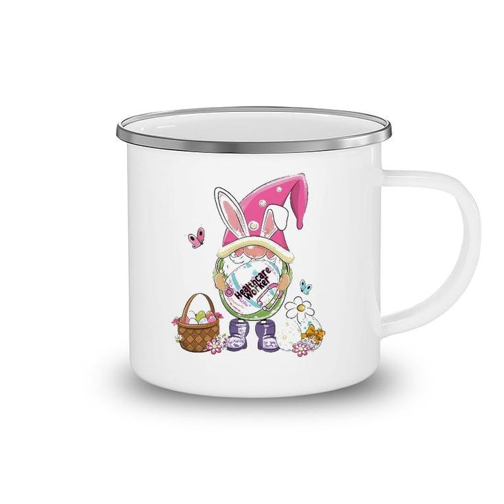 Funny Gnome Holding Easter Eggs Healthcare Worker Bunny Camping Mug