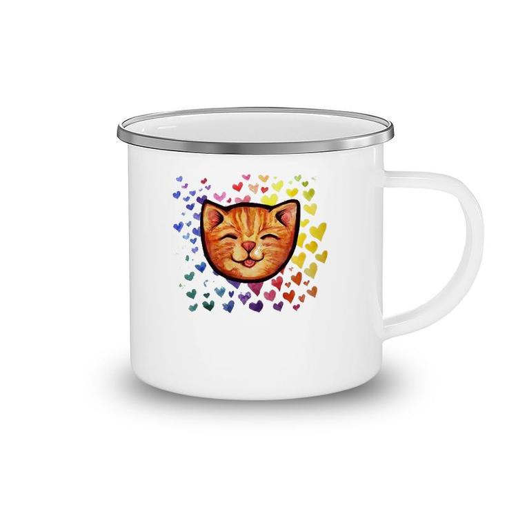 Happy Orange Tabby Cat Rainbow Camping Mug