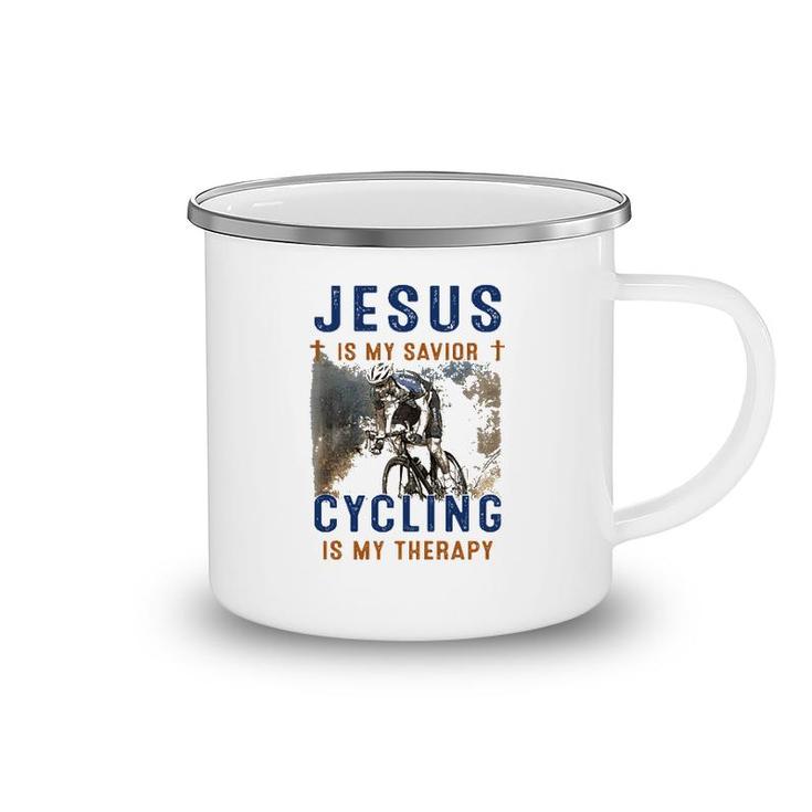 Jesus Is My Savior Cycling Is My Therapy Camping Mug