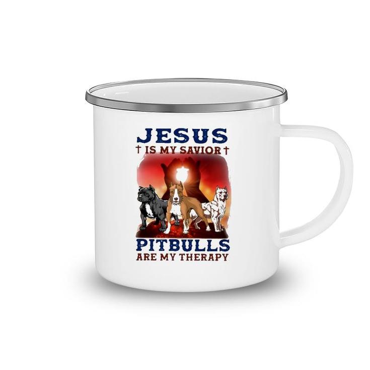 Jesus Is My Savior Pitbulls Are My Therapy Cross Camping Mug