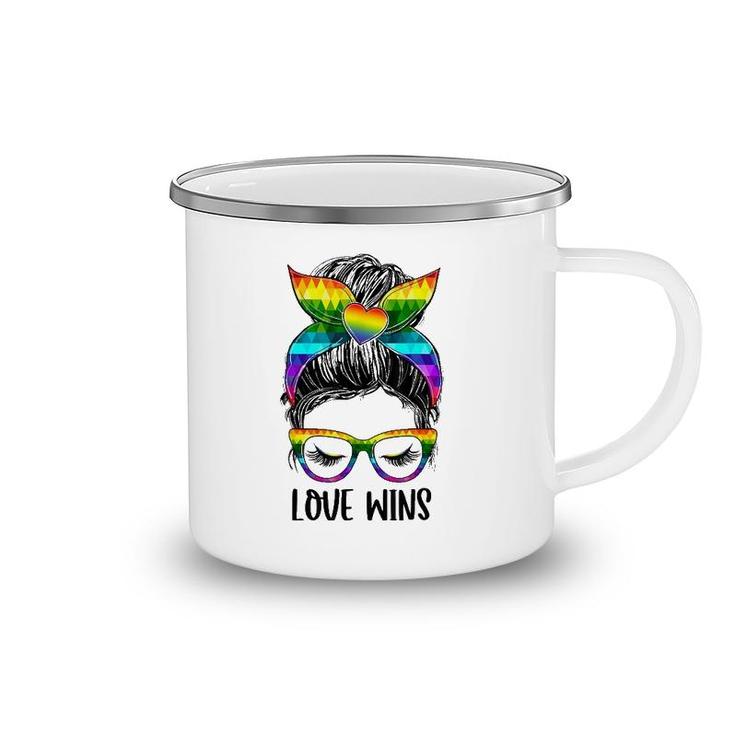 Love Wins Messy Bun Rainbow Lgbt Gay Pride Lgbt Awareness Camping Mug