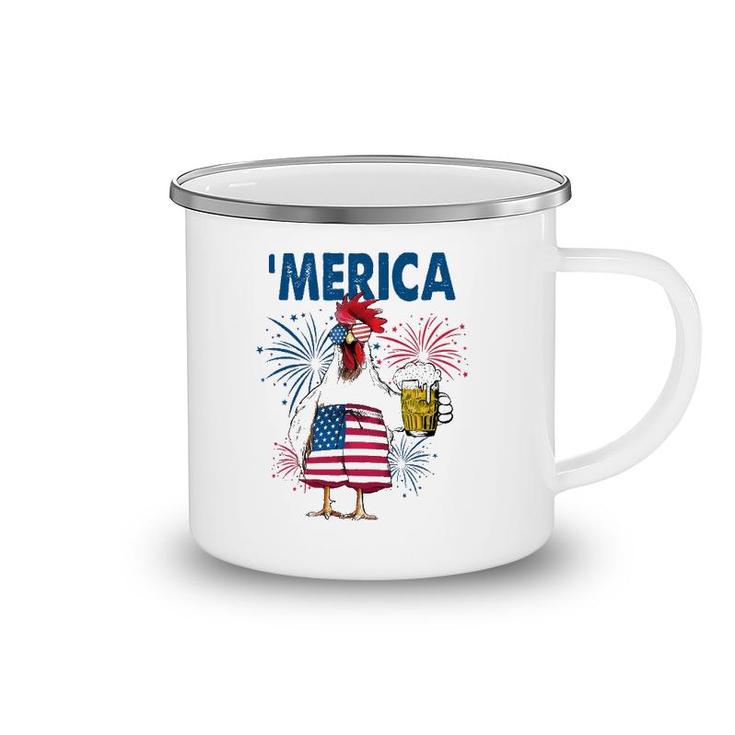 Merica Funny Chicken With Beer Usa Flag 4Th Of July Camping Mug