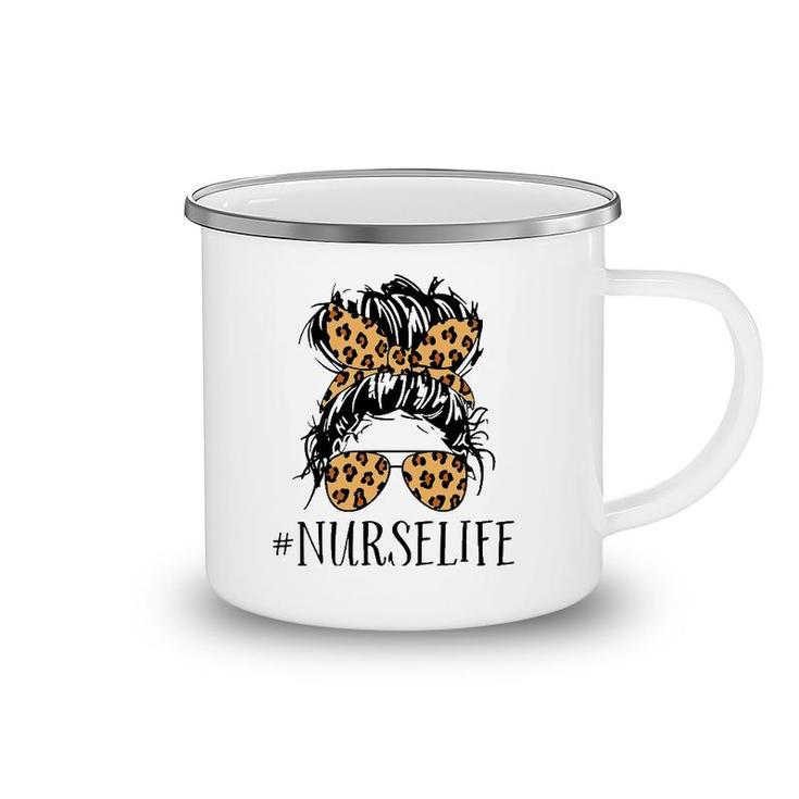 Nurse Life Messy Bun Leopard Camping Mug