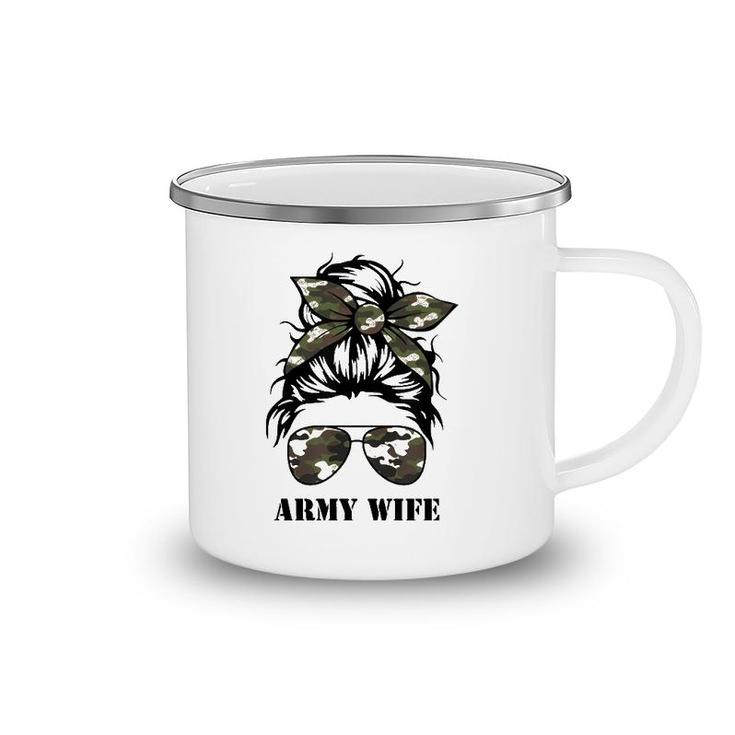 Proud Army Wife Messy Bun Camo Flag Spouse Military Pride Pullover Camping Mug