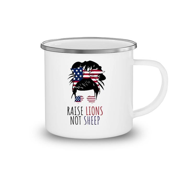 Raise Lions Not Sheep American Flag Sunglasses Messy Bun Camping Mug