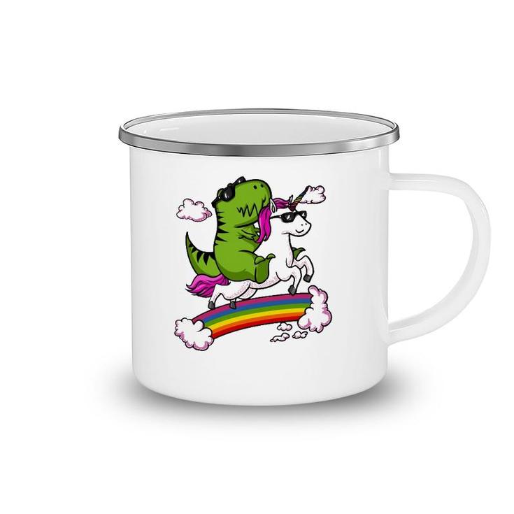 T-Rex Dinosaur Riding Unicorn Funny Rainbow Camping Mug