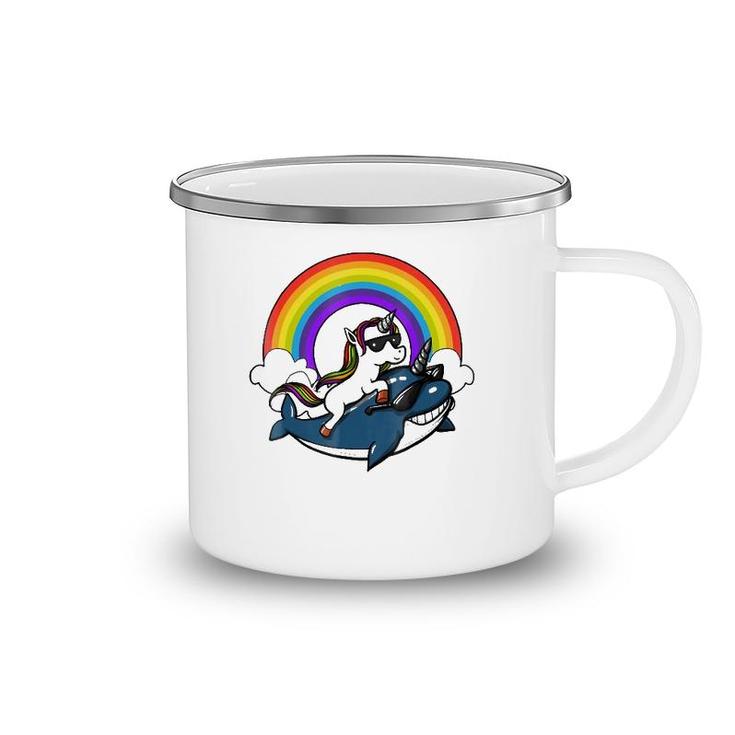 Unicorn Riding Narwhal Fish Magical Rainbow Camping Mug