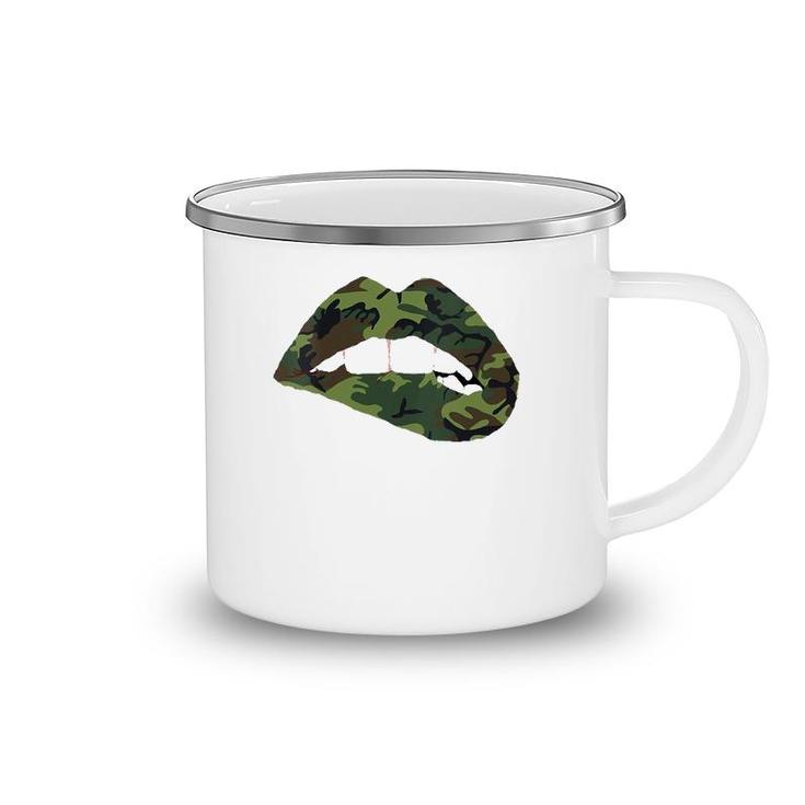 Womens Camouflage Lips Mouth Military Kiss Me Biting Camo Kissing V-Neck Camping Mug