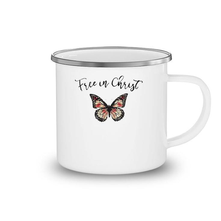 Womens Free In Christ Christian Butterfly V-Neck Camping Mug