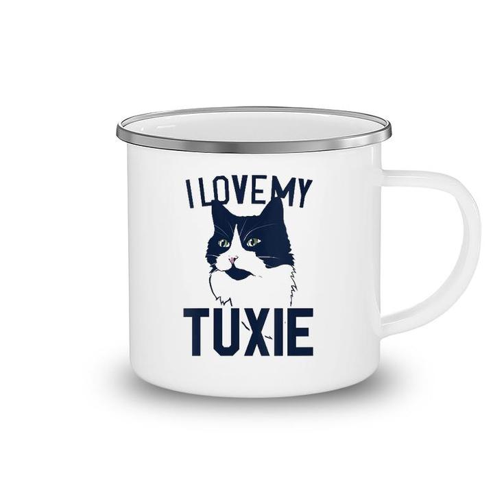 Womens I Love My Tuxie Tuxedo Cat Art V Neck Camping Mug