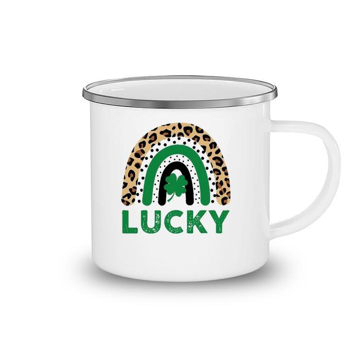 Womens Lucky Shamrock Leopard Print Rainbow St Patrick's Day Camping Mug