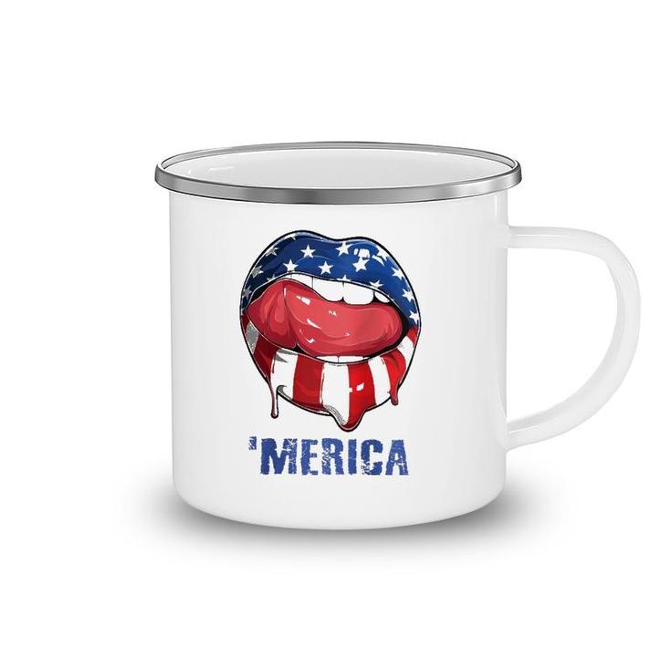 Womens 'Merica American Flag Mouth Lips 4Th Of July Teens Women Raglan Baseball Tee Camping Mug
