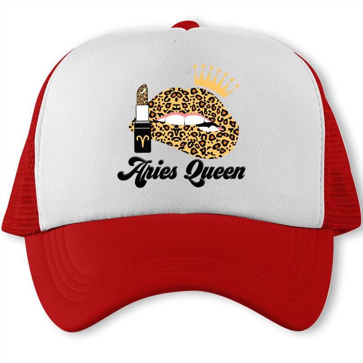 Aries Queen Aries Girls Yellow Lipstick Leopard Birthday Gift Trucker Cap