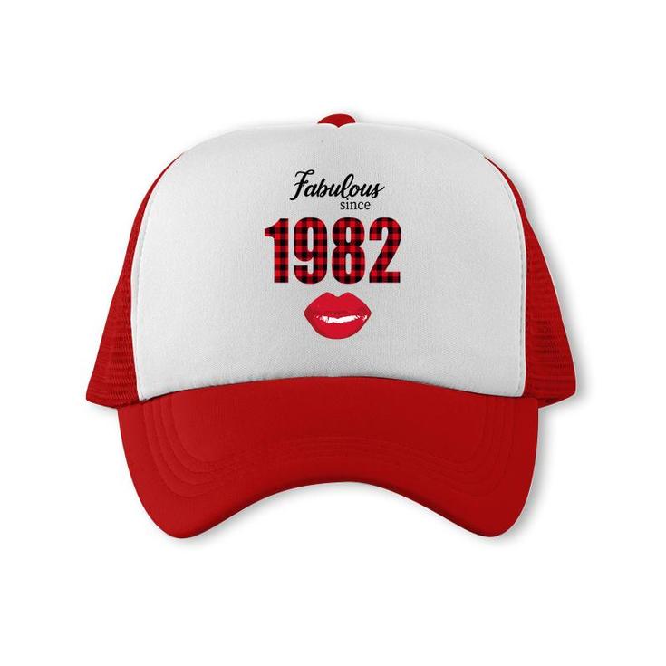 Fabulous Since 1982 Black Red Plaid Lips Happy 40Th Birthday Trucker Cap