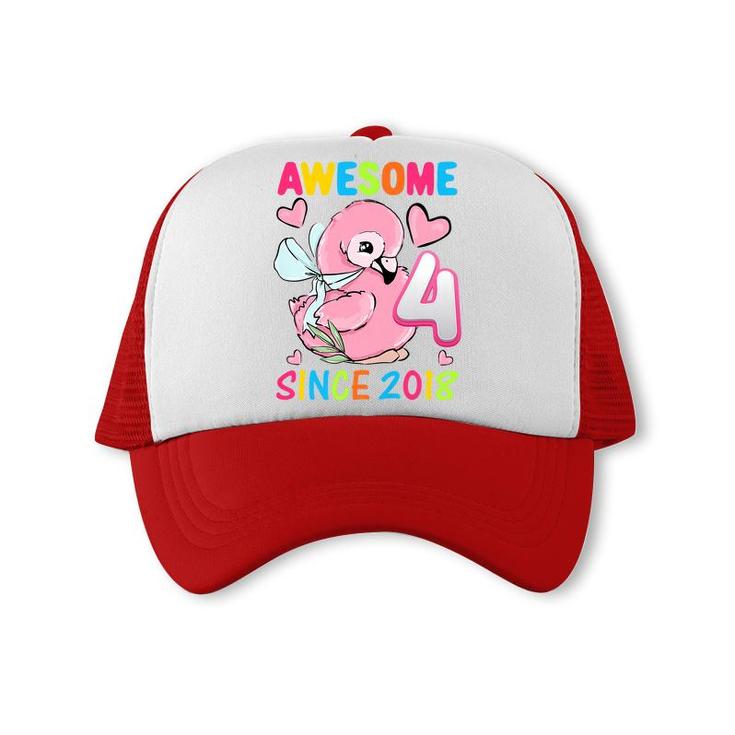 Kids Kids 4Th Birthday Party Flamingo Girl 4 Years Old Birthday Premium Trucker Cap