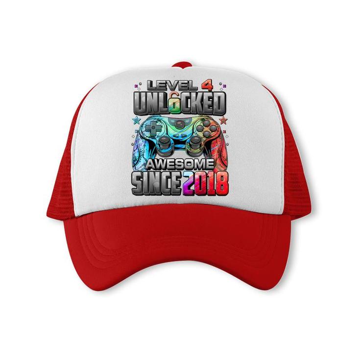 Level 4 Unlocked Awesome Since 2018 4Th Birthday Gaming Trucker Cap