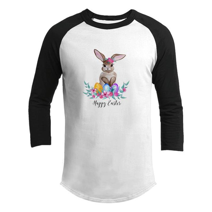 Watercolor Bunny Eggs Happy Easter Happy Easter Day Youth Raglan Shirt