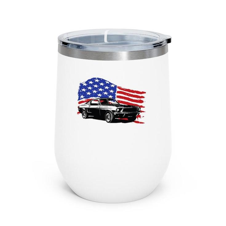 American Muscle Car With Flying American Flag For Car Lovers Wine Tumbler