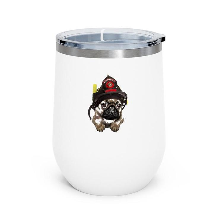 Brave Pug In Firefighter Helmet Cute Pocket Dog Wine Tumbler