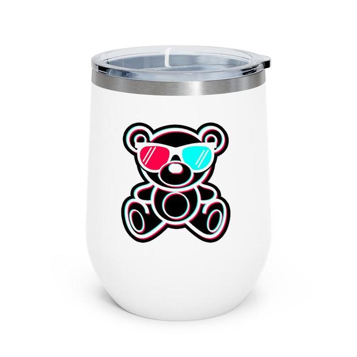 Cool Teddy Bear Glitch Effect With 3D Glasses Wine Tumbler